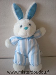 Doudou Lapin Pampers Rayé bleu blanc yeux bleus clairs Tête mains pieds en peluche