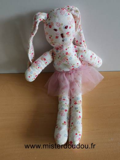 Doudou Lapin Petit bateau Blanc fleurs tutu rose 