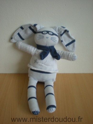 Doudou Lapin Petit bateau Bleu clair raye bleu marine lunette echarpe bleue marine 