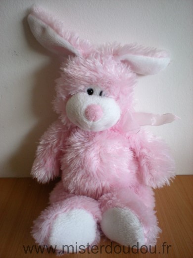 Doudou Lapin Planet pluch Peluche rose blanc ruban rose jemini 