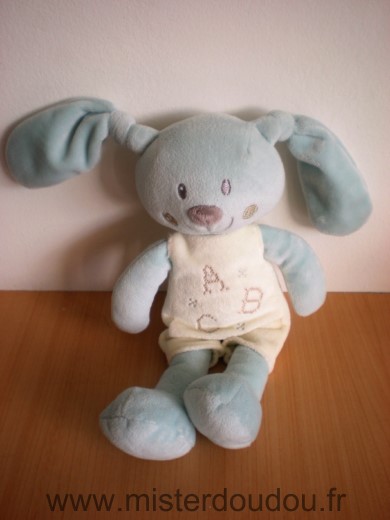 Doudou Lapin Pommette Bleu blanc abc 