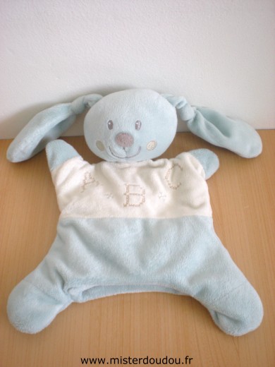 Doudou Lapin Pommette Bleu écru brodé a b c 