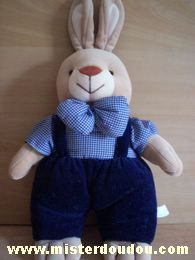 Doudou Lapin Priscilla larsen Beige salopette bleu noeud vichy bleu Grand modele