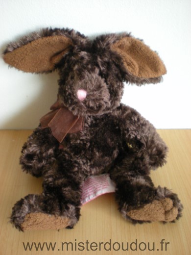 Doudou Lapin Russ Marron ruban soie marron nez cousu rose 