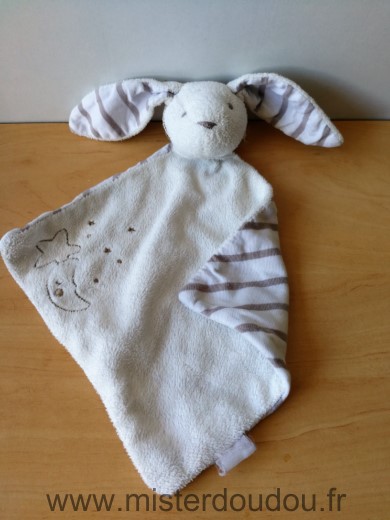 Doudou Lapin Sergent major Blanc dos raye blanc marron lune Utilisé 2 petites taches au dos