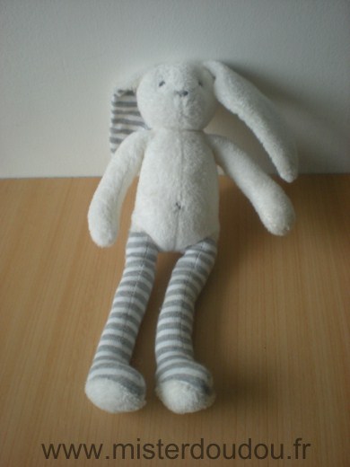 Doudou Lapin Sergent major Blanc e, jmabes et oreilles rayées blanc gris 