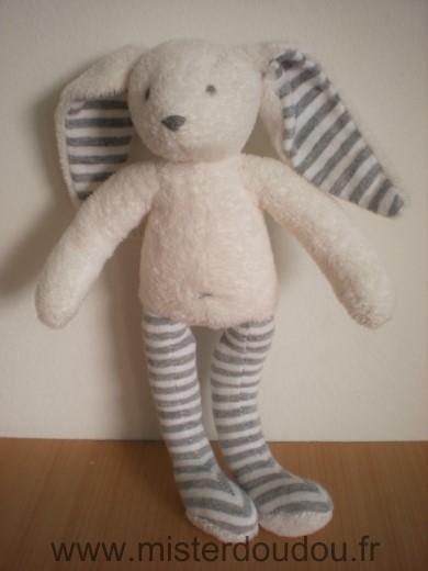 Doudou Lapin Sergent major Blanc jambes rayee gris 