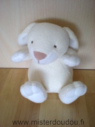 Doudou Lapin Soft dreams Ecru blanc Ruban blanc autour du cou, yeux cousus marron