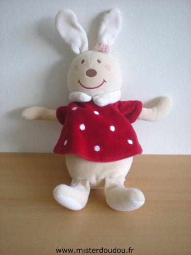 Doudou Lapin Sucre d orge Beige robe rouge points blanc 