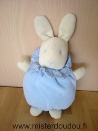 Doudou Lapin Sucre d orge Bleu écru col vichy bleu 