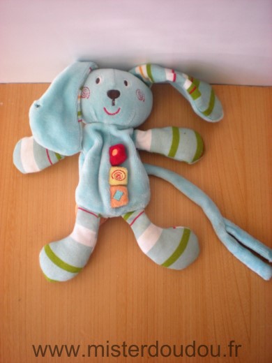 Doudou Lapin Sucre d orge Bleu raye attache tetine Un petit trou oreille