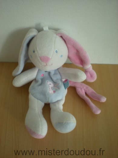 Doudou Lapin Sucre d orge Bleu rose attache tetine rose 