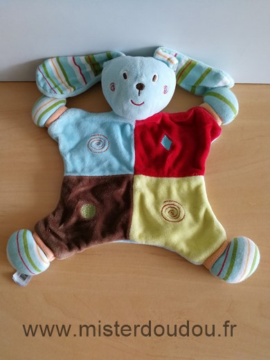 Doudou Lapin Sucre d orge Bleu rouge marron jaune 