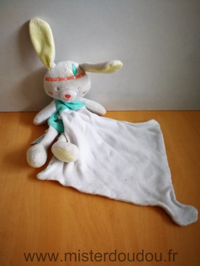 Doudou Lapin Sucre d orge Bleu turquoie gris jaune mouchoir blanc Quelques traces sur le mouchoir blanc