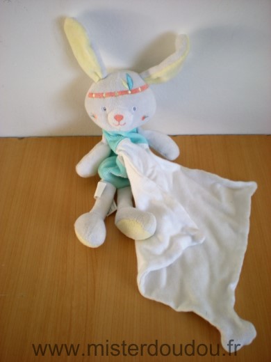 Doudou Lapin Sucre d orge Bleu turquoise gris jaune mouchoir blanc 