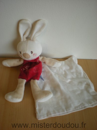 Doudou Lapin Sucre d orge Cajou rouge beige mouchoir blanc 