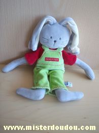 Doudou Lapin Sucre d orge Gris tshirt rouge salopette verte 