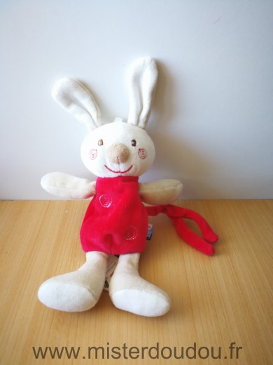 Doudou Lapin Sucre d orge Rouge beige spirales attache tetine 