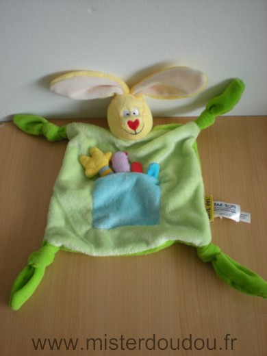 Doudou Lapin Taf toys Vert jaune bleu 