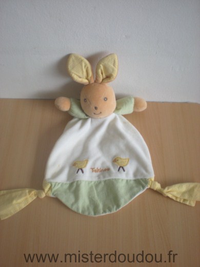 Doudou Lapin Takinou Blanc vert jaune motifs 2 oiseaux 