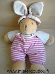 Doudou Lapin Takinou Ecru salopette et chapeau rayés rose blanc Grand modèle