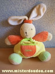 Doudou Lapin Takinou Jaune orange vert Brodé takinou sur la poche de devant