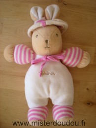 Doudou Lapin Takinou Rose pâle marron rayé rose blanc 