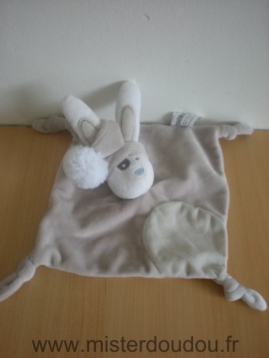 Doudou Lapin Tape à l oeil Beige raye cocard gris pompon blanc 