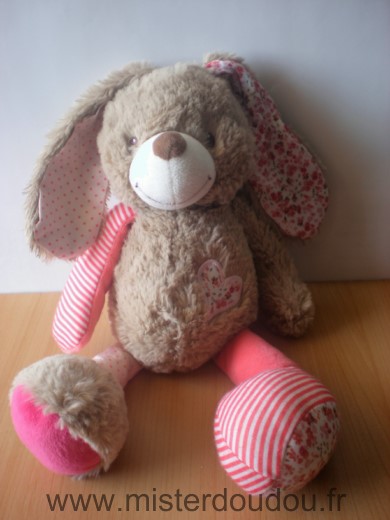 Doudou Peluche Poupée Déguisée En Lapin Ecru Marron Coeur Col Rose