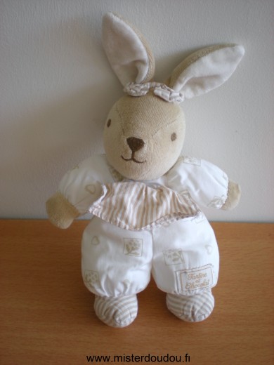 Doudou Lapin Tartine et chocolat Beige marron, tissus imprimé coeurs et fleurs 