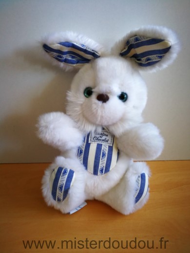 Doudou Lapin Tartine et chocolat Blanc en peluche raye bley blanc yeux bleus 