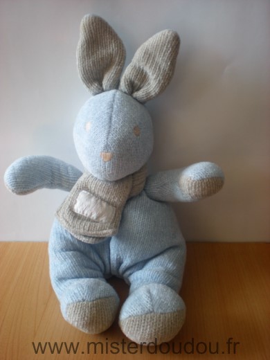 Doudou Lapin Tartine et chocolat Bleu beige tricot 