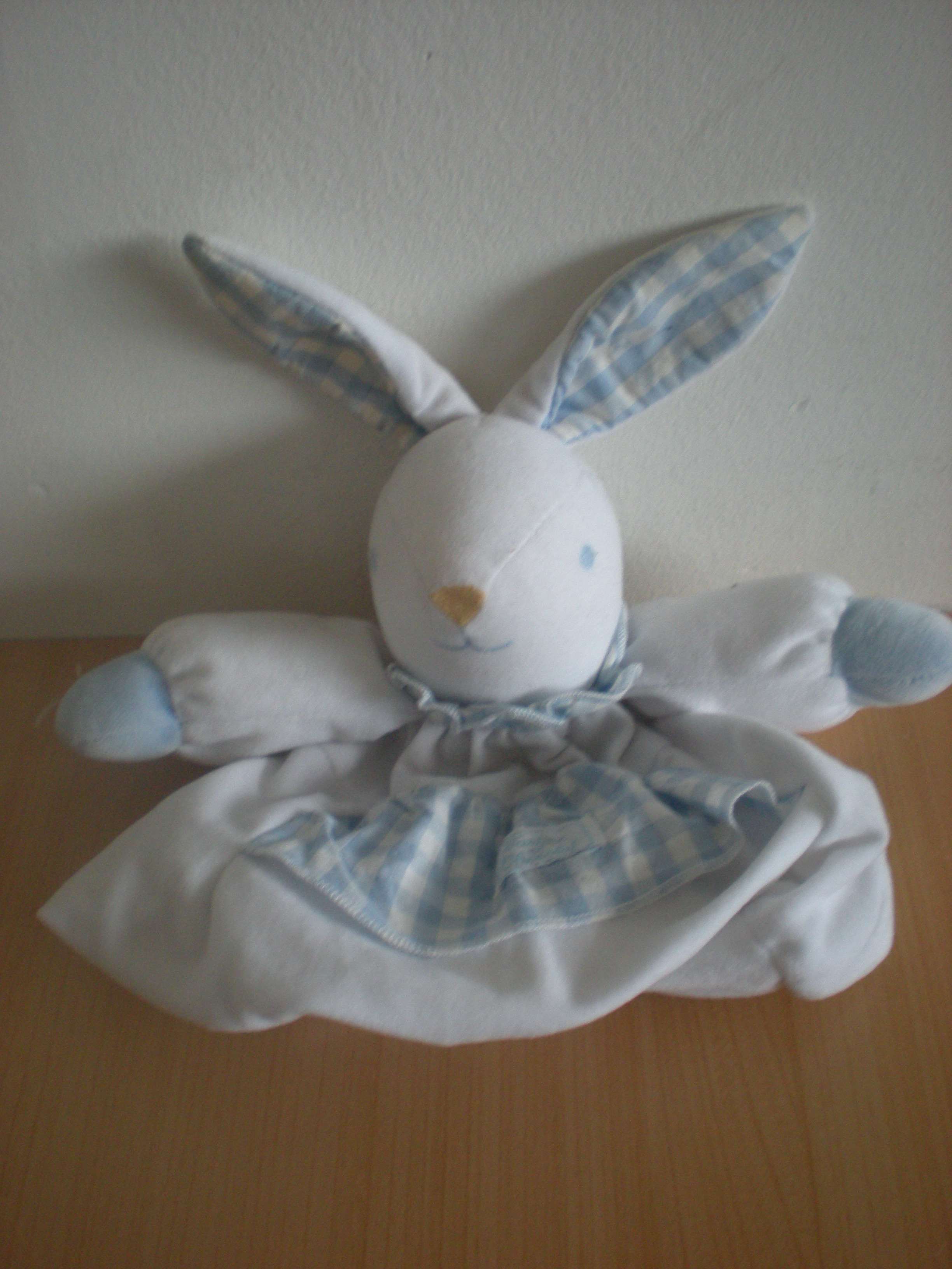 Doudou Lapin Tartine et chocolat Bleu blanc Poche range pyjama