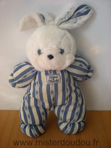 Doudou Lapin Tartine et chocolat Bleu blanc tete peluche tissu ecru bleu 