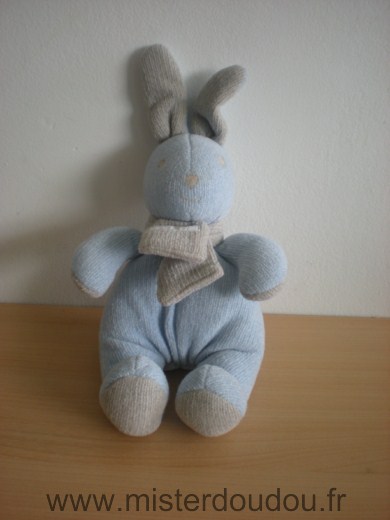 Doudou Lapin Tartine et chocolat Bleu écharpe grise tissus tricot 