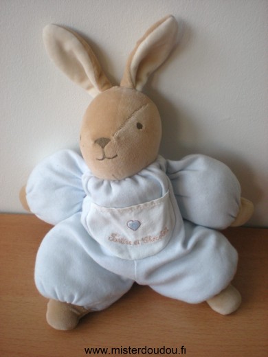 Doudou Lapin Tartine et chocolat Bleu poche blanche tartine et chocolat avec un coeur 