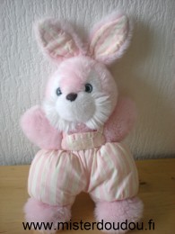 Doudou Lapin Tartine et chocolat En peluche rose et blanc yeux bleus salopette tissus rayée blanc rose 