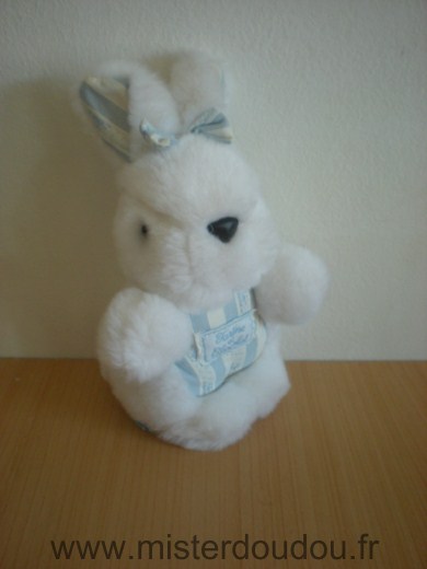 Doudou Lapin Tartine et chocolat Peluche blanc tissus bleu blanc 