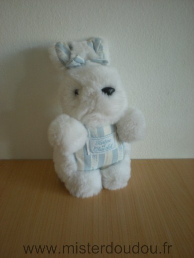 Doudou Lapin Tartine et chocolat Peluche blanc tissus bleuet blanc 