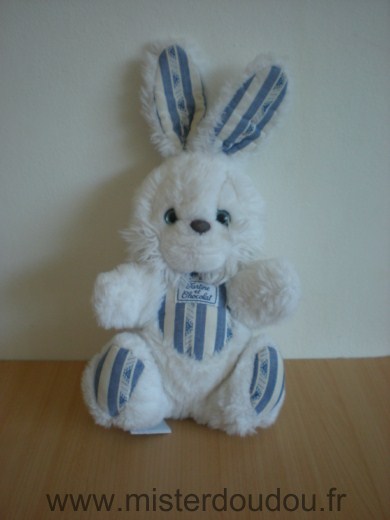 Doudou Lapin Tartine et chocolat Peluche blanche tissus raye blanc bleu 