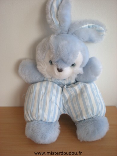 Doudou Lapin Tartine et chocolat Peluche bleu salopette tissus rayé bleu blanc yeux bleus 