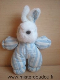 Doudou Lapin Tartine et chocolat Rayé bleu blanc yeux bleus clairs Tête en peluche