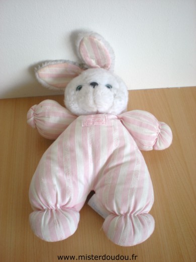 Doudou Lapin Tartine et chocolat Rayé rose blanc tête en peluche blanche yeux bleus 