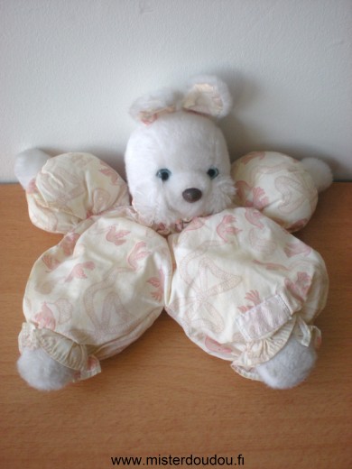 Doudou Lapin Tartine et chocolat Tissus ecru motifs oiseaux roses tête peluche blanche 