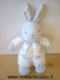 Doudou Lapin Tartine et chocolat Tissus ecru motifs oiseaux tissus éponge bleu 