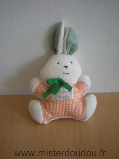 Doudou Lapin Tartine et chocolat Vichy orange, vert blanc Pouet dans la tête