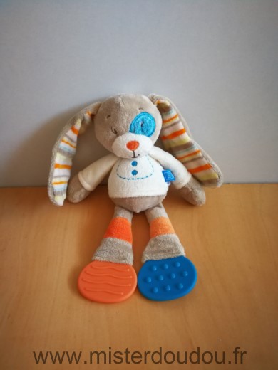 Doudou Lapin Tex Beige ecru orange coccard bleu anneaux dentaires Pouet dans le ventre