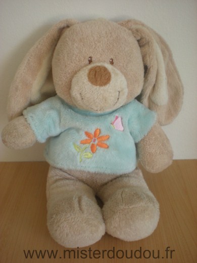 Doudou Lapin Tex Beige tshirt bleu avec fleur et papillon brodés 