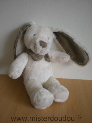 Doudou Lapin Tex Blanc foulard beige motif tete d ours 