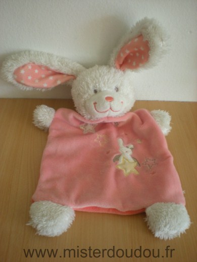 Doudou Lapin Tex Blanc rose motif lapin et etoiles, etoiles dans le rose des oreilles 